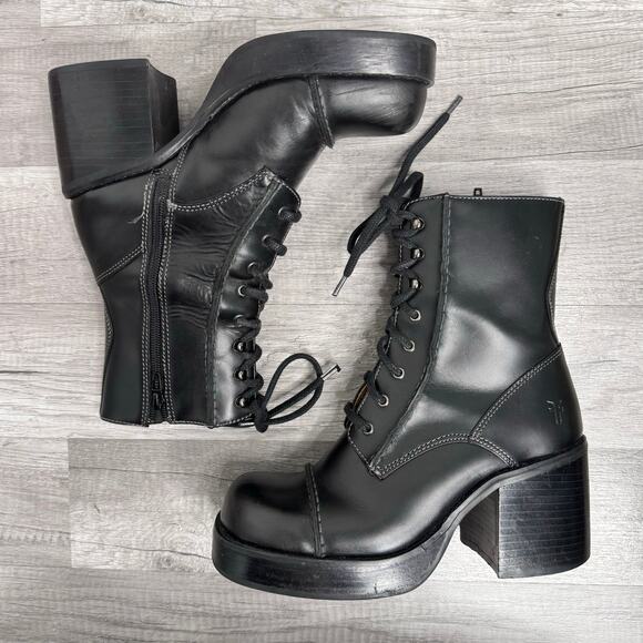 Frye Vintage Y2K Villager Boot Lace Up Zip Stitch Chunky Heel Black Size 7 1/2 - Picture 2 of 9